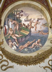 Szene, die zeigt, dass diejenigen, die unter dem Zeichen des Widders in Verbindung mit dem Sternbild des Schiffes und des Delphins geboren sind, mit Fähigkeiten für die Navigation und das Schwimmen ausgestattet sind, symbolisiert durch das Schiff und